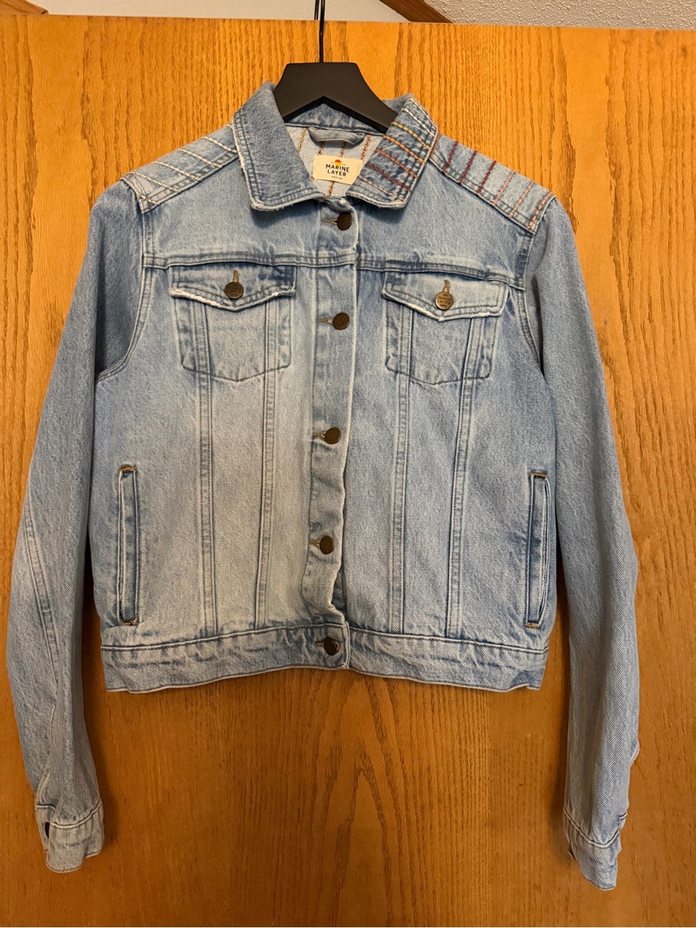 Marine Layer Light Blue Denim Jacket with Subtle Shoulder Stitching
